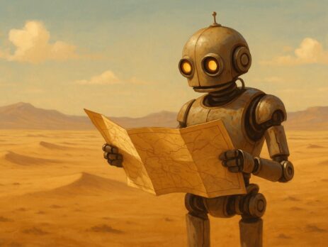 Robot observando un mapa en medio del desierto al atardecer, representando cómo los motores de búsqueda utilizan los sitemaps para orientarse en un sitio web