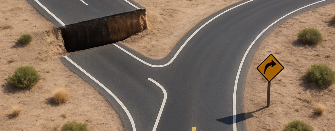 Metáfora visual de una redirección 301: una carretera asfaltada de dos carriles termina en un barranco, pero antes de caer, un desvío bien señalizado dirige el tráfico hacia una nueva vía segura, representando cómo una redirección 301 evita errores 404 y guía a los usuarios hacia la URL correcta.