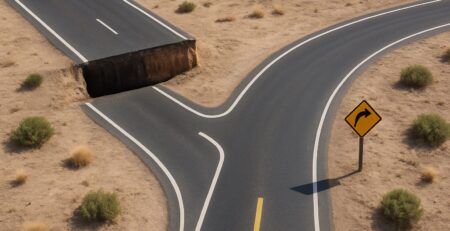 Metáfora visual de una redirección 301: una carretera asfaltada de dos carriles termina en un barranco, pero antes de caer, un desvío bien señalizado dirige el tráfico hacia una nueva vía segura, representando cómo una redirección 301 evita errores 404 y guía a los usuarios hacia la URL correcta.