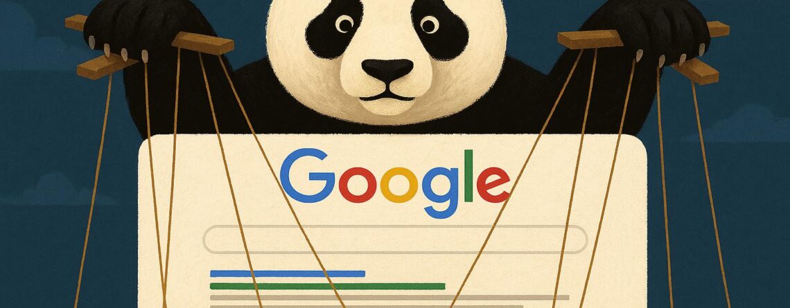 Ilustración de un panda gigante manejando los hilos de una página de resultados de Google, simbolizando el control del algoritmo Panda sobre el posicionamiento web.