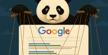 Ilustración de un panda gigante manejando los hilos de una página de resultados de Google, simbolizando el control del algoritmo Panda sobre el posicionamiento web.