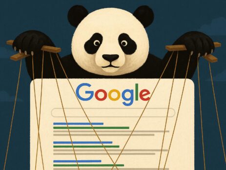 Ilustración de un panda gigante manejando los hilos de una página de resultados de Google, simbolizando el control del algoritmo Panda sobre el posicionamiento web.
