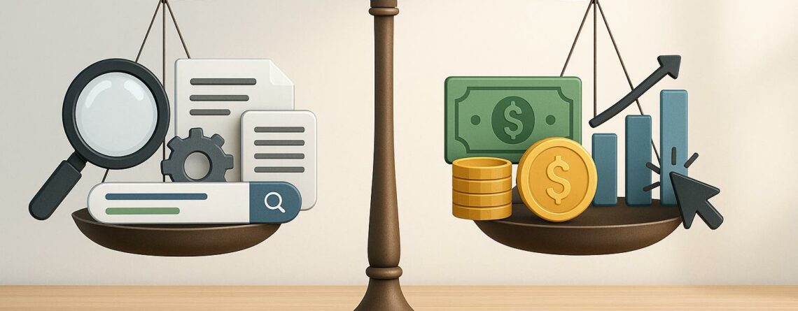 Ilustración de una balanza equilibrada que representa las estrategias clave de SEO y SEM para aumentar la visibilidad de tu marca, con iconos de posicionamiento orgánico a la izquierda (lupa, engranaje, documentos) y elementos de publicidad digital a la derecha (dinero, gráficos, clics).