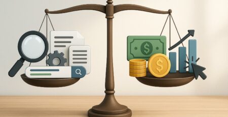 Ilustración de una balanza equilibrada que representa las estrategias clave de SEO y SEM para aumentar la visibilidad de tu marca, con iconos de posicionamiento orgánico a la izquierda (lupa, engranaje, documentos) y elementos de publicidad digital a la derecha (dinero, gráficos, clics).