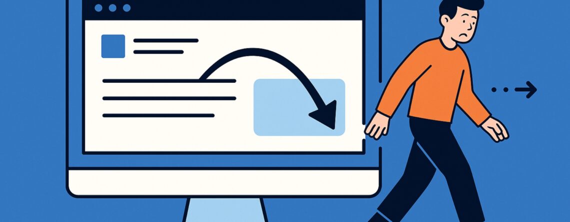 Ilustración de un usuario saliendo de una página web en un ordenador, representando el concepto de tasa de rebote.