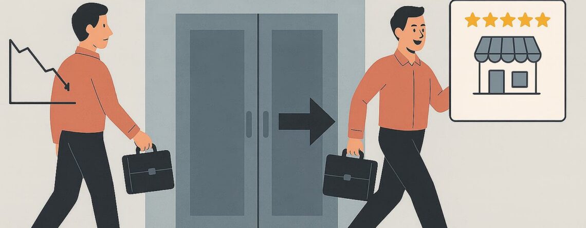 Ilustración de una persona que entra a una agencia SEO con un negocio en declive y sale con un negocio exitoso, representado con cinco estrellas.
