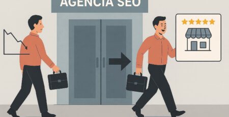 Ilustración de una persona que entra a una agencia SEO con un negocio en declive y sale con un negocio exitoso, representado con cinco estrellas.
