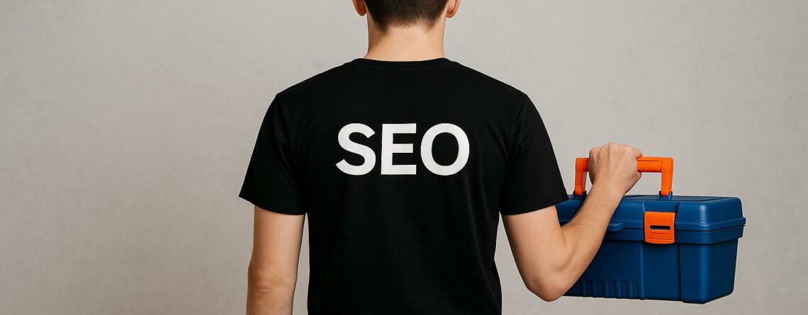 Chico de espaldas con camiseta que dice "SEO" y caja de herramientas en la mano, representando las mejores herramientas SEO para agencias.