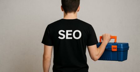 Chico de espaldas con camiseta que dice "SEO" y caja de herramientas en la mano, representando las mejores herramientas SEO para agencias.