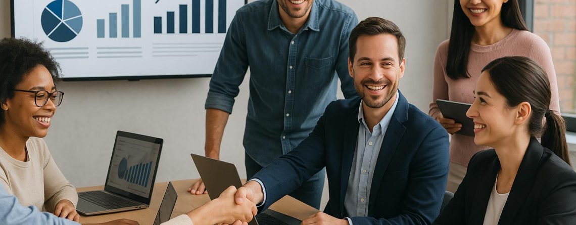 Equipo de una agencia SEO trabajando en conjunto frente a pantallas con métricas, mostrando confianza y colaboración profesional.
