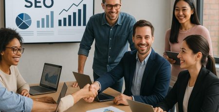 Equipo de una agencia SEO trabajando en conjunto frente a pantallas con métricas, mostrando confianza y colaboración profesional.