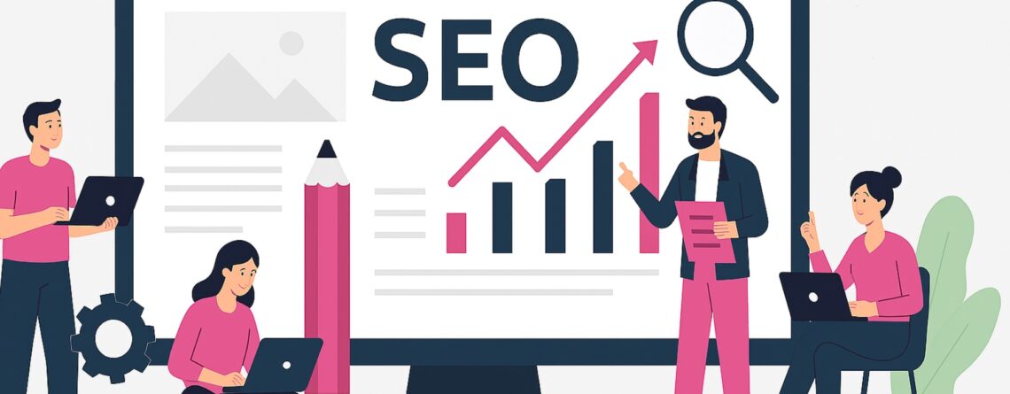 Ilustración de equipo SEO trabajando frente a una gran pantalla con gráficos de crecimiento, palabra SEO y lupa, representando análisis y optimización de posicionamiento web.
