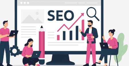 Ilustración de equipo SEO trabajando frente a una gran pantalla con gráficos de crecimiento, palabra SEO y lupa, representando análisis y optimización de posicionamiento web.
