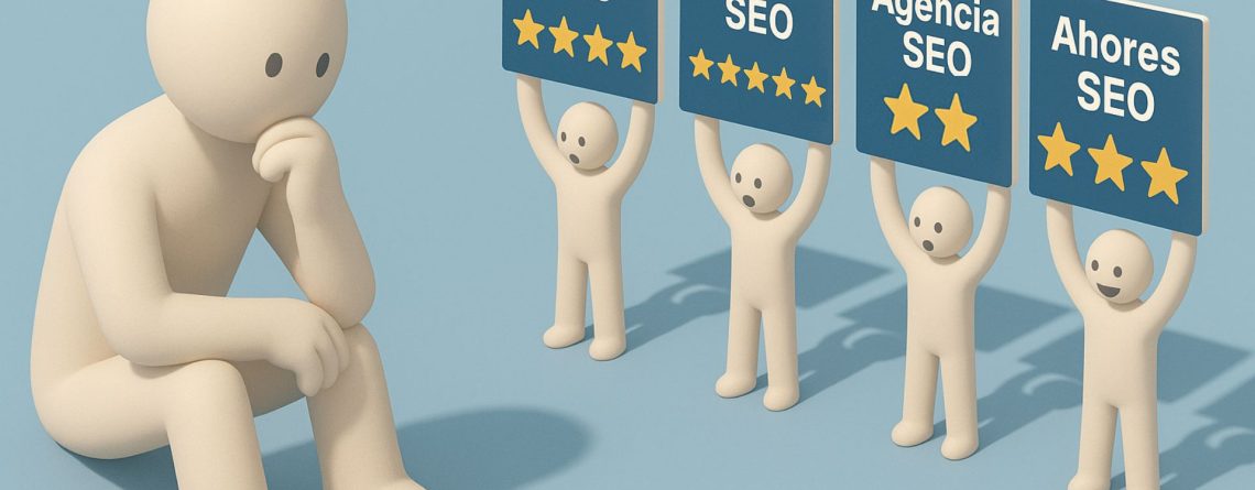 Ilustración en 3D de una persona pensativa frente a varios personajes que muestran carteles de agencias con distintas estrellas, representando cómo elegir la mejor agencia SEO para tu negocio.
