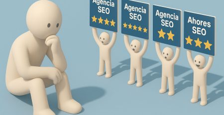 Ilustración en 3D de una persona pensativa frente a varios personajes que muestran carteles de agencias con distintas estrellas, representando cómo elegir la mejor agencia SEO para tu negocio.