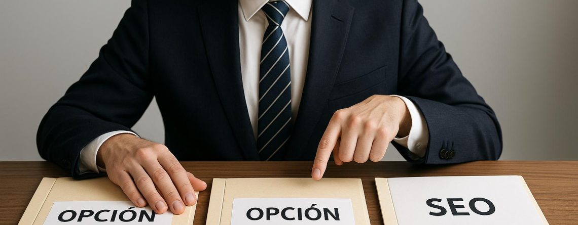 Empresario evaluando opciones sobre una mesa, simbolizando errores comunes al contratar una agencia SEO como priorizar precio o fama en lugar de un enfoque estratégico.