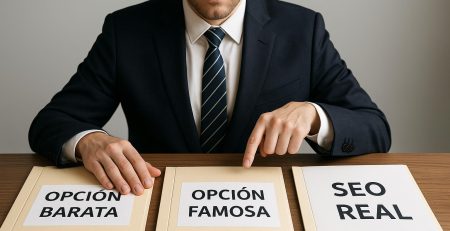 Empresario evaluando opciones sobre una mesa, simbolizando errores comunes al contratar una agencia SEO como priorizar precio o fama en lugar de un enfoque estratégico.