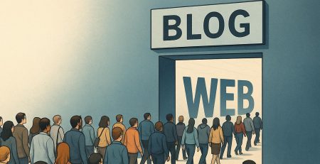 Ilustración realista de una multitud de personas entrando por una puerta con el rótulo BLOG hacia un espacio más grande llamado WEB, simbolizando cómo aumentar el tráfico de tu blog.