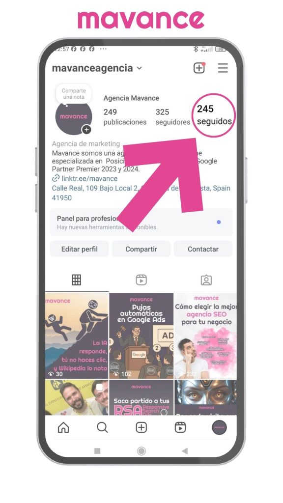 Captura de pantalla del perfil de Instagram de Mavance Agencia con una flecha que señala la sección “245 seguidos”, donde se pueden revisar y gestionar las cuentas que se siguen.