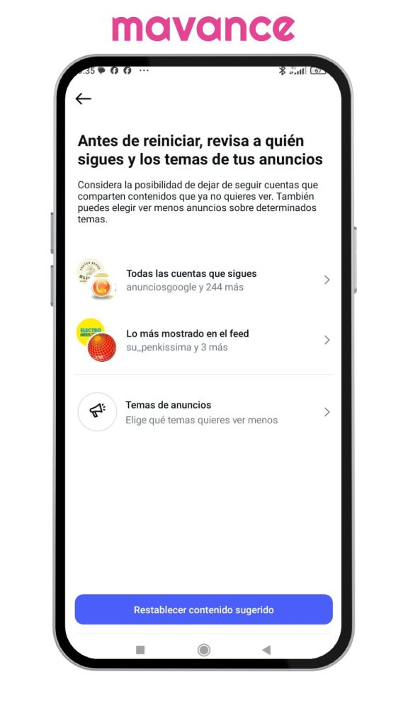 Pantalla de Instagram que muestra la opción “Antes de reiniciar, revisa a quién sigues y los temas de tus anuncios” antes de restablecer el contenido sugerido.