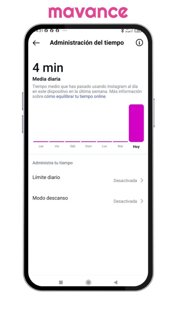 Pantalla de “Administración del tiempo” en Instagram donde se visualiza la media diaria de uso y las opciones para establecer un límite diario o activar el modo descanso.
