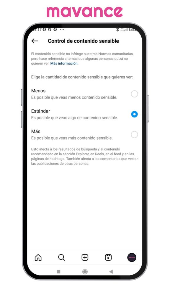 Pantalla de control de contenido sensible en Instagram con las opciones “Menos”, “Estándar” y “Más” para ajustar la cantidad de contenido sensible que se muestra.
