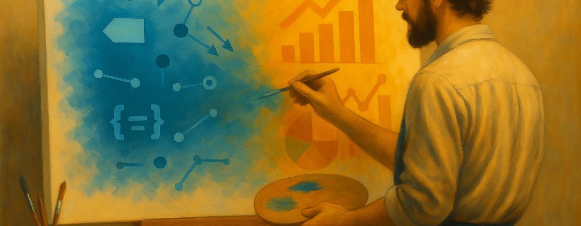 Ilustración conceptual de un pintor creando una obra que representa la relación entre Google Tag Manager y Google Analytics 4. En el lienzo, el lado azul muestra símbolos técnicos y etiquetas que simbolizan la captura de datos, mientras que el lado naranja muestra gráficos y diagramas que representan su análisis. El pintor mezcla ambos colores, reflejando la unión entre ambas herramientas.