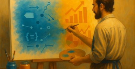 Ilustración conceptual de un pintor creando una obra que representa la relación entre Google Tag Manager y Google Analytics 4. En el lienzo, el lado azul muestra símbolos técnicos y etiquetas que simbolizan la captura de datos, mientras que el lado naranja muestra gráficos y diagramas que representan su análisis. El pintor mezcla ambos colores, reflejando la unión entre ambas herramientas.