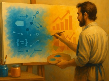 Ilustración conceptual de un pintor creando una obra que representa la relación entre Google Tag Manager y Google Analytics 4. En el lienzo, el lado azul muestra símbolos técnicos y etiquetas que simbolizan la captura de datos, mientras que el lado naranja muestra gráficos y diagramas que representan su análisis. El pintor mezcla ambos colores, reflejando la unión entre ambas herramientas.