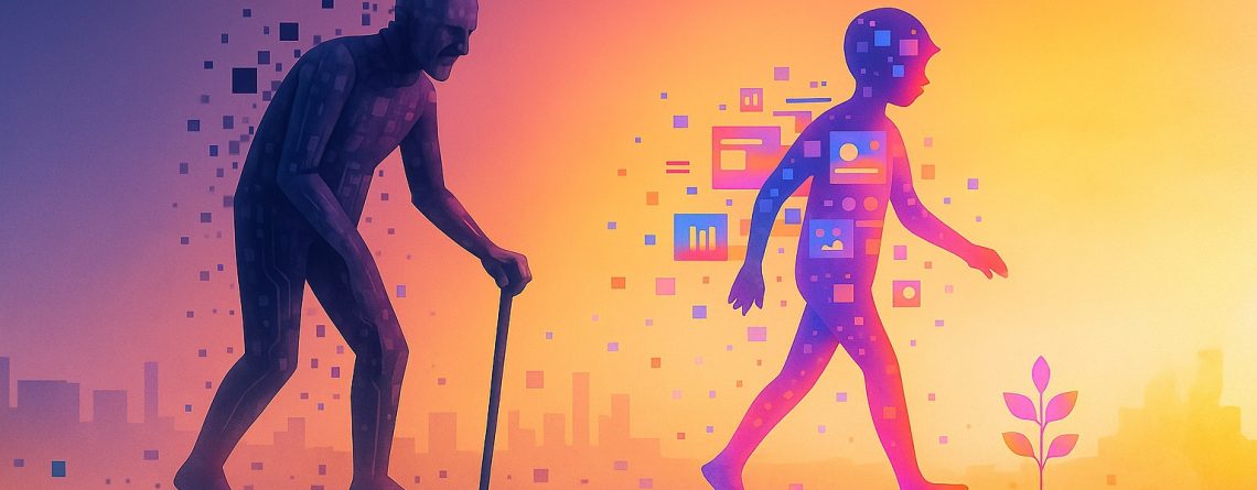 Ilustración conceptual que representa cómo resetear el algoritmo de Instagram, mostrando al algoritmo personificado como una figura anciana que deja paso a una versión joven en un paisaje digital iluminado por tonos cálidos.