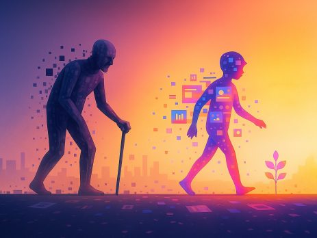 Ilustración conceptual que representa cómo resetear el algoritmo de Instagram, mostrando al algoritmo personificado como una figura anciana que deja paso a una versión joven en un paisaje digital iluminado por tonos cálidos.