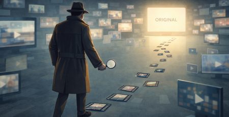 Ilustración conceptual sobre búsqueda inversa de vídeos: un detective sigue un rastro de fotogramas de vídeo entre pantallas digitales hasta llegar a la fuente original.