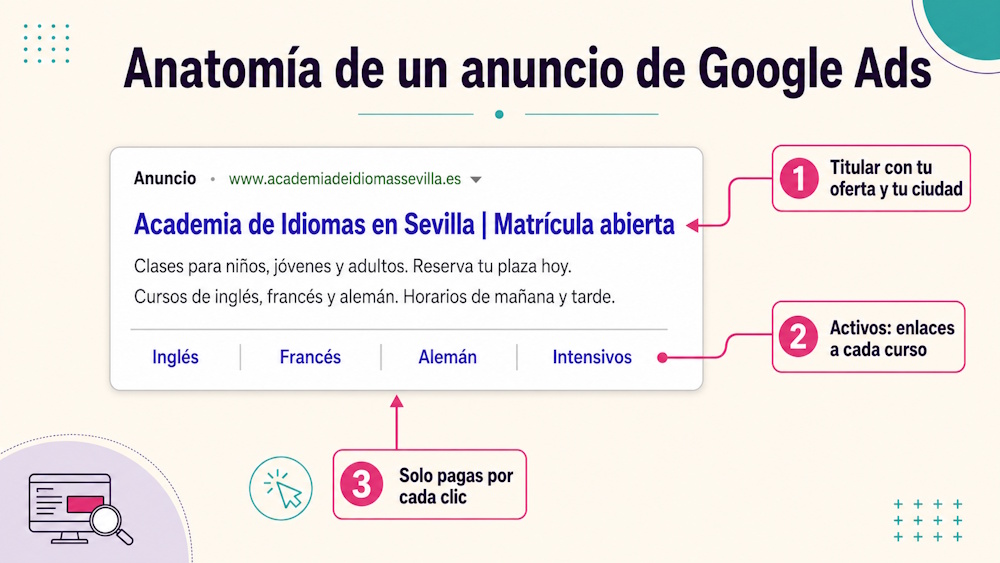 Anatomía de un anuncio de Google Ads para una academia: titular con la oferta, etiqueta de anuncio y activos con enlaces a cada curso