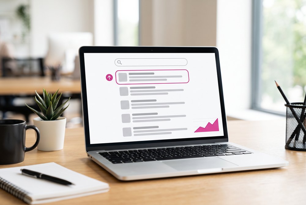 Resultados de búsqueda SEO en un portátil Pantalla de portátil con una página de resultados de búsqueda donde el primer resultado aparece destacado, junto a una gráfica de tráfico orgánico en ascenso
