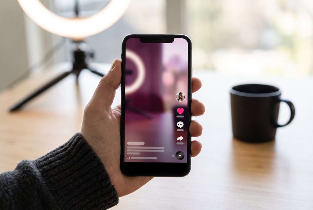 Anuncio de TikTok Ads en un móvil Móvil mostrando un anuncio en vertical dentro del feed de TikTok, con los iconos de interacción y un aro de luz de grabación al fondo